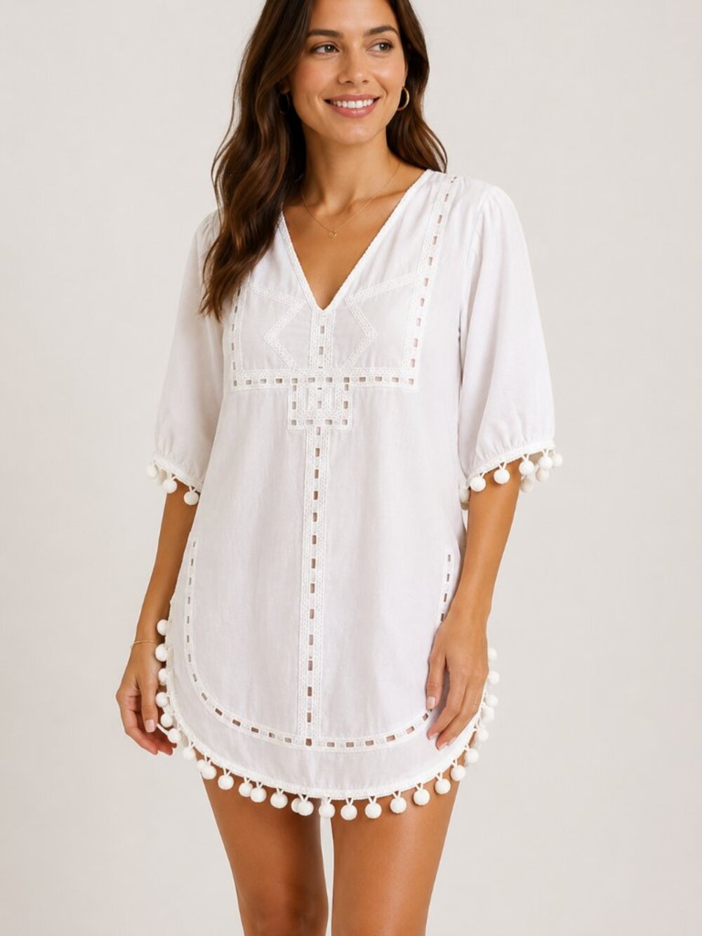 Solitaire Swim Cover Up Medium White Pom Pom Tunic Boho Beach Resort Pool Kaftan